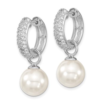 Majestik Sterling Silver Rhodium-plated CZ 12-13mm Black and White Interchangeable Shell Pearl Hinged Hoop Earrings — alternate view