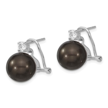 Majestik Sterling Silver Rhodium-plated 12-13mm Black Imitation Shell Pearl and CZ Omega Back Earrings — alternate view