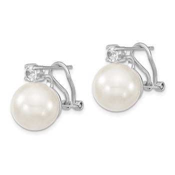 Majestik Sterling Silver Rhodium-plated 12-13mm White Shell Imitation Pearl and Clear CZ Omega Back Post Earrings — alternate view
