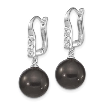 Majestik Sterling Silver Rhodium-plated 10-11mm Black Imitation Shell Pearl CZ  Hinged Post Dangle Earrings — alternate view