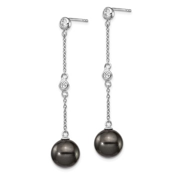 Majestik Sterling Silver Rhodium-plated CZ Bezel and 10-11mm Black Imitation Shell Pearl Post Dangle Earrings — alternate view