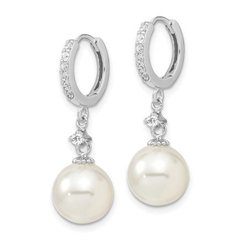 Majestic Sterling Silver Rhodium-plated 10-11mm White Imitation Shell Pearl CZ Hinged Hoop Dangle Earrings — alternate view