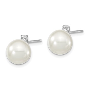 Majestik Sterling Silver Rhodium-plated 8-9mm White Imitation Shell Pearl and CZ Post Earrings — alternate view