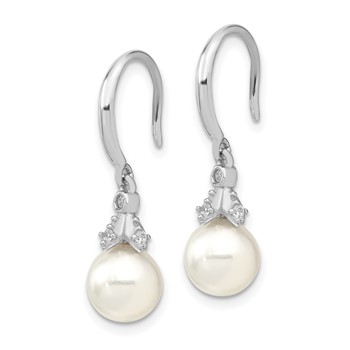 Majestic Sterling Silver Rhodium-plated 8-9mm White Imitation Shell Pearl CZ Dangle Earrings — alternate view