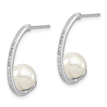 Majestic Sterling Silver Rhodium-plated 8-9mm White Imitation Shell Pearl CZ J-Hoop Post Earrings — alternate view