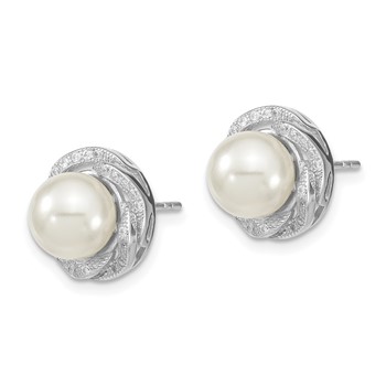 Majestic Sterling Silver Rhodium-plated 8-9mm White Imitation Shell Pearl CZ Post Earrings — alternate view