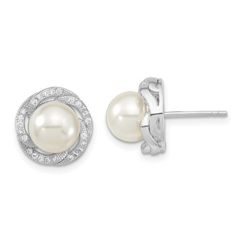 Majestic Sterling Silver Rhodium-plated 8-9mm White Imitation Shell Pearl CZ Post Earrings
