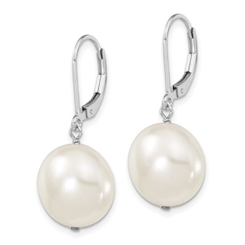 Majestik Sterling Silver Rhodium-plated 14-15mm Coin White Imitation Shell Pearl Leverback Dangle Earrings — alternate view