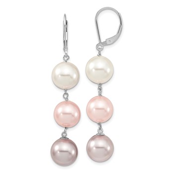 Majestic Sterling Silver Rhodium-plated 10-11mm White  Pink and Purple Imitation Shell Pearl Leverback Dangle Earrings