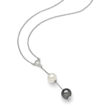 Majestik Sterling Silver Rhodium-plated 10-11mm White and Grey Imitation Shell Pearl and CZ Spring Ring Clasp 18 inch Necklace — alternate view