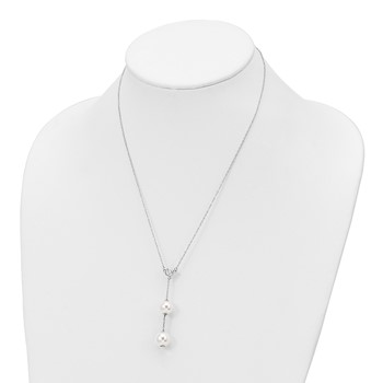 Majestic Sterling Silver Rhodium-plated 10-11mm White Imitation Shell Pearl CZ Y-Drop Spring Ring Clasp 18 inch Necklace — alternate view