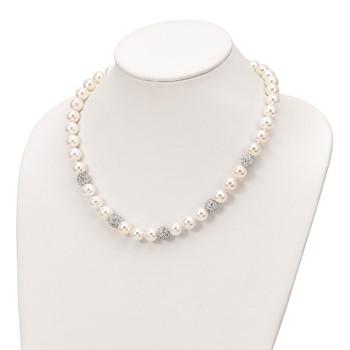Majestik Sterling Silver Rhodium-plated 10-11mm White Imitation Shell Pearl Crystal Hand-knotted Necklace — alternate view