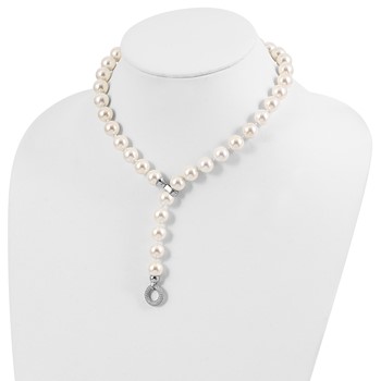 Majestik Sterling Silver Rhodium-plated 12-13 White Imitation Shell Pearl Hand-knotted CZ Fancy Clasp Necklace — alternate view