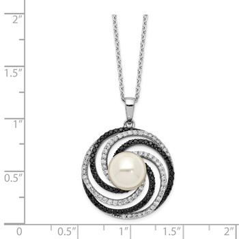 Sterling Silver Majestik Rh-plated 10-11mm Shell Blk and Wht CZ Necklace — alternate view