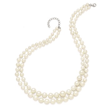 Majestik Sterling Silver Rhodium-plated 2 Row 6-12mm Graduated White Imitation Shell Pearl Hand-knotted Necklace with 2 inch Extender — alternate view