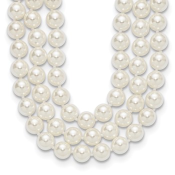 Majestik Sterling Silver Rhodium-plated 3 Row 10-11mm White Imitation Shell Pearl Hand-knotted Necklace
