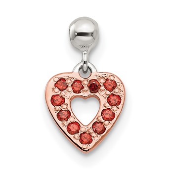 Mio Memento Sterling Silver Rose-tone Red CZ Dangle Heart Charm