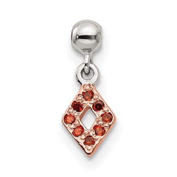 Mio Memento Sterling Silver Rose-tone Red CZ Dangle Diamond Shaped Charm