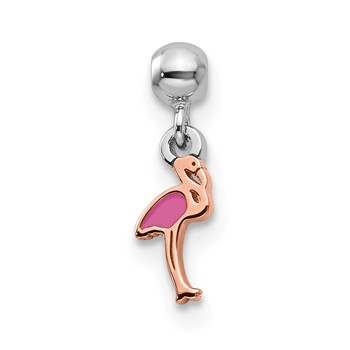 Mio Memento Sterling Silver Rhodium-plated Rose-tone Enamel Dangle Flamingo Charm