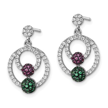 Brilliant Embers Sterling Silver Rhodium-plated 152 Stone Multi Micro Pavé Green Red and White CZ Circle Dangle Post Earrings — alternate view
