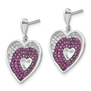 Brilliant Embers Sterling Silver Rhodium-plated Pink & Clear CZ Heart Post Dangle Earrings — alternate view