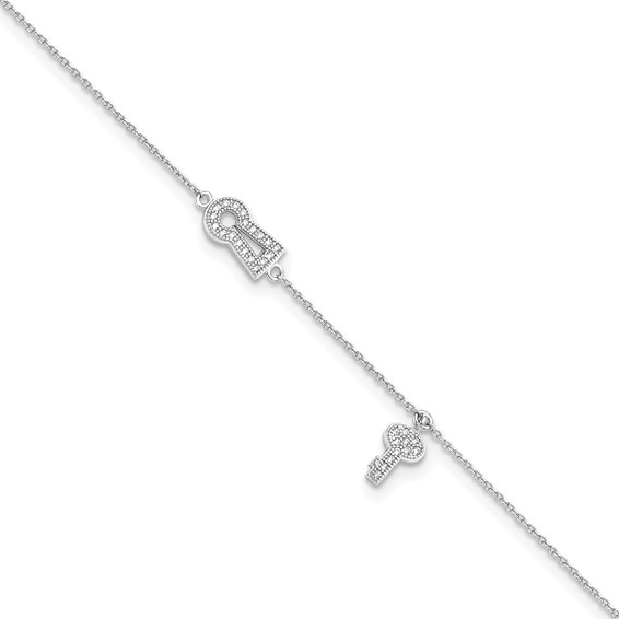 Brilliant Embers Sterling Silver Rhodium-plated 30 Stone 9 inch Micro Pavé  CZ Lock Key Anklet with 1 Inch Extender - Quality Gold