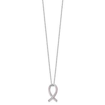 Brilliant Embers Sterling Silver Rhodium-plated 38 Stone 18 inch Micro Pavé Pink CZ Awareness Ribbon Necklace with 2 Inch Extender — alternate view