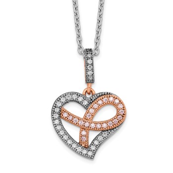 Brilliant Embers Sterling Silver Rose Gold-plated Rhodium-plated 49 Stone 18 inch Micro Pavé CZ Polished Heart Necklace with 2 Inch Extender