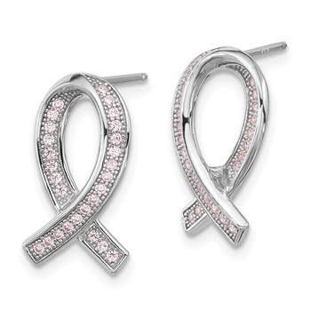 Brilliant Embers Sterling Silver Rhodium-plated 52 Stone Micro Pavé Pink CZ Awareness Ribbon Post Earrings — alternate view