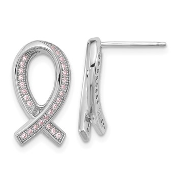Brilliant Embers Sterling Silver Rhodium-plated 52 Stone Micro Pavé Pink CZ Awareness Ribbon Post Earrings