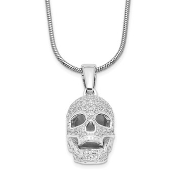 Brilliant Embers Sterling Silver Rhodium-plated 88 Stone 18 inch Micro Pavé CZ Polished Skull Necklace with 2 Inch Extender