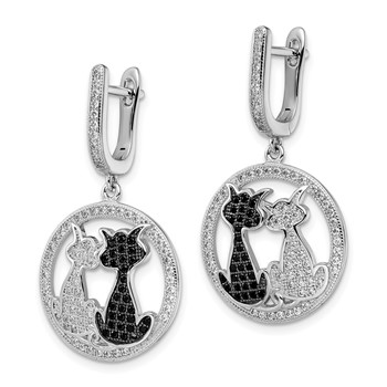 Brilliant Embers Sterling Silver Rhodium-plated 194 Stone Black and White CZ Cat Dangle Hinged Hoop Earrings — alternate view
