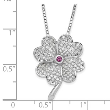 Sterling Silver Rhodium CZ & Red Corundum Four Leaf Clover Necklace — alternate view