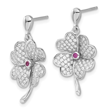 Sterling Silver Rhod-plated CZ & Red Corundum Four Leaf Clover Earrings — alternate view