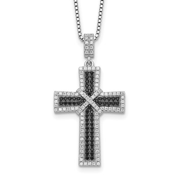 Brilliant Embers Sterling Silver Rhodium-plated 156 Stone 18 inch Black and White Micro Pavé CZ Polished Cross Necklace with 2 Inch Extender