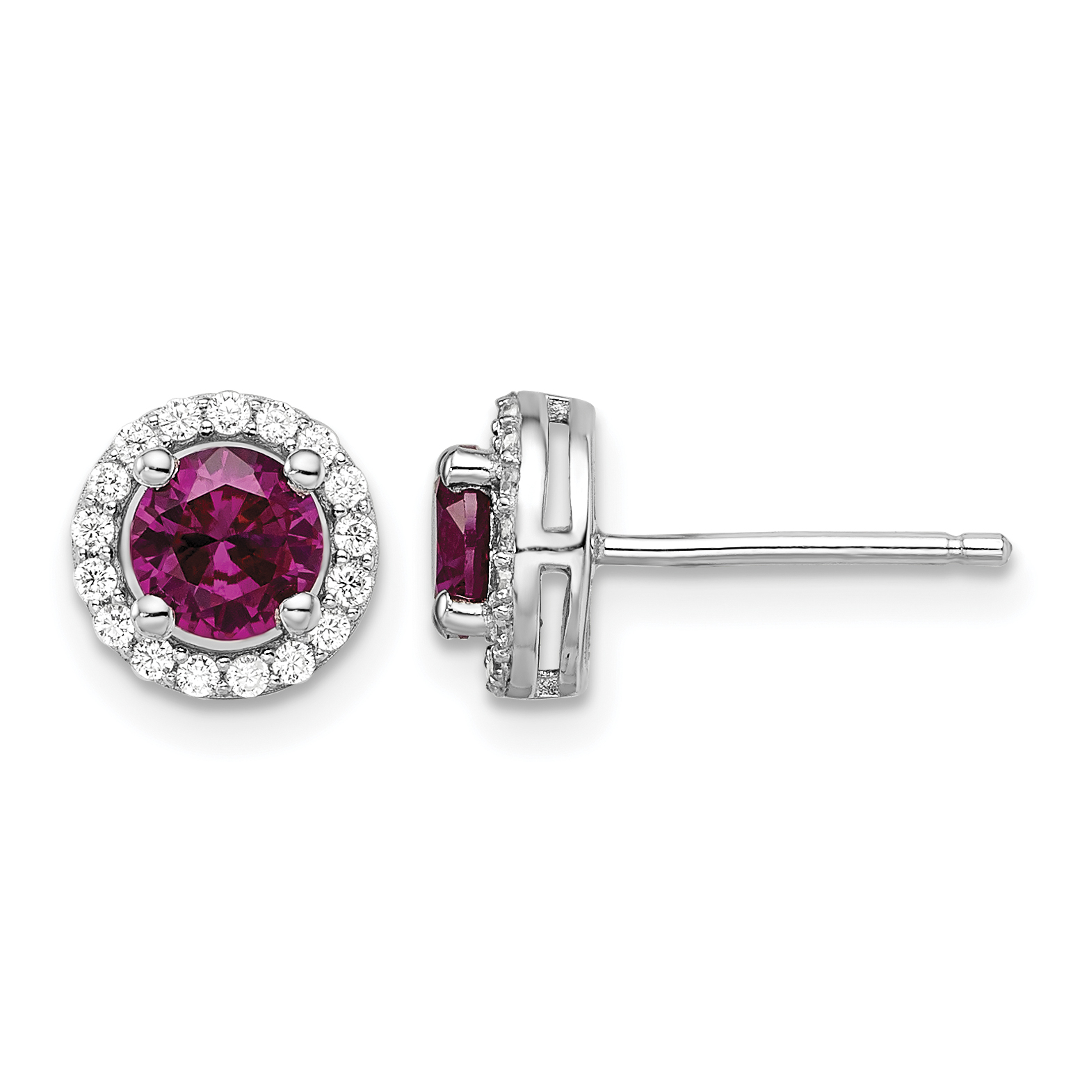 Brilliant Embers Sterling Silver Rhodium-plated 34 Stone CZ and Red Corundum Post Stud Halo Earrings