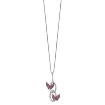 Brilliant Embers Sterling Silver Rhodium-plated 18 inch White CZ Ovals with Red CZ Butterflies Necklace with 2 Inch Extender — alternate view