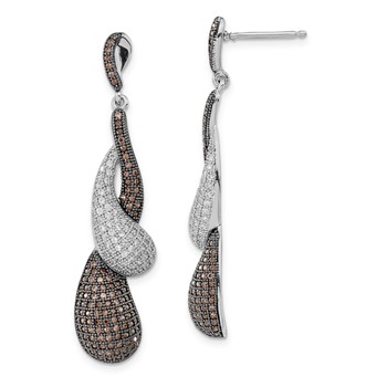 Sterling Silver Rhodium-plated Brown & Clear CZ Dangle Post Earrings