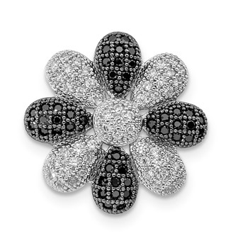 Sterling Silver Rhodium-plated Black & Clear CZ Flower Chain Slide Pendant