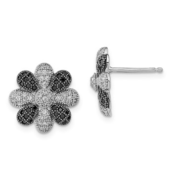 Sterling Silver Rhodium-plated Black & Clear CZ Flower Post Earrings