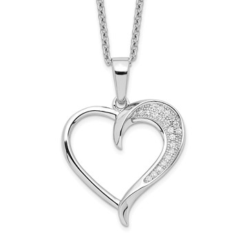 Brilliant Embers Sterling Silver Rhodium-plated 21 Stone 18 inch Micro Pavé CZ Polished Heart Necklace with 2 Inch Extender