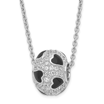 True Fire Sterling Silver Black Enamel & CZ Heart Bead Necklace