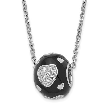 True Fire Sterling Silver Black Enamel & CZ Hearts Bead Necklace