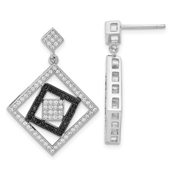 True Fire Sterling Silver Black & White CZ Square Design Dangle Earrings