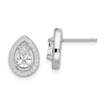 Brilliant Embers Sterling Silver Rhodium-plated 52 Stone Pear Halo Micro Pavé CZ Teardrop Post Earrings