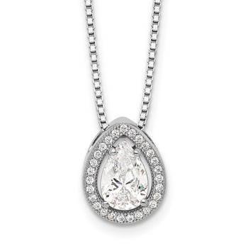 Brilliant Embers Sterling Silver Rhodium-plated 28 Stone 18 inch Halo Micro Pavé CZ Teardrop Necklace with 2 Inch Extender