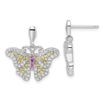 Sterling Silver Yellow, Pink & Clear CZ Brilliant Embers Butterfly Earrings