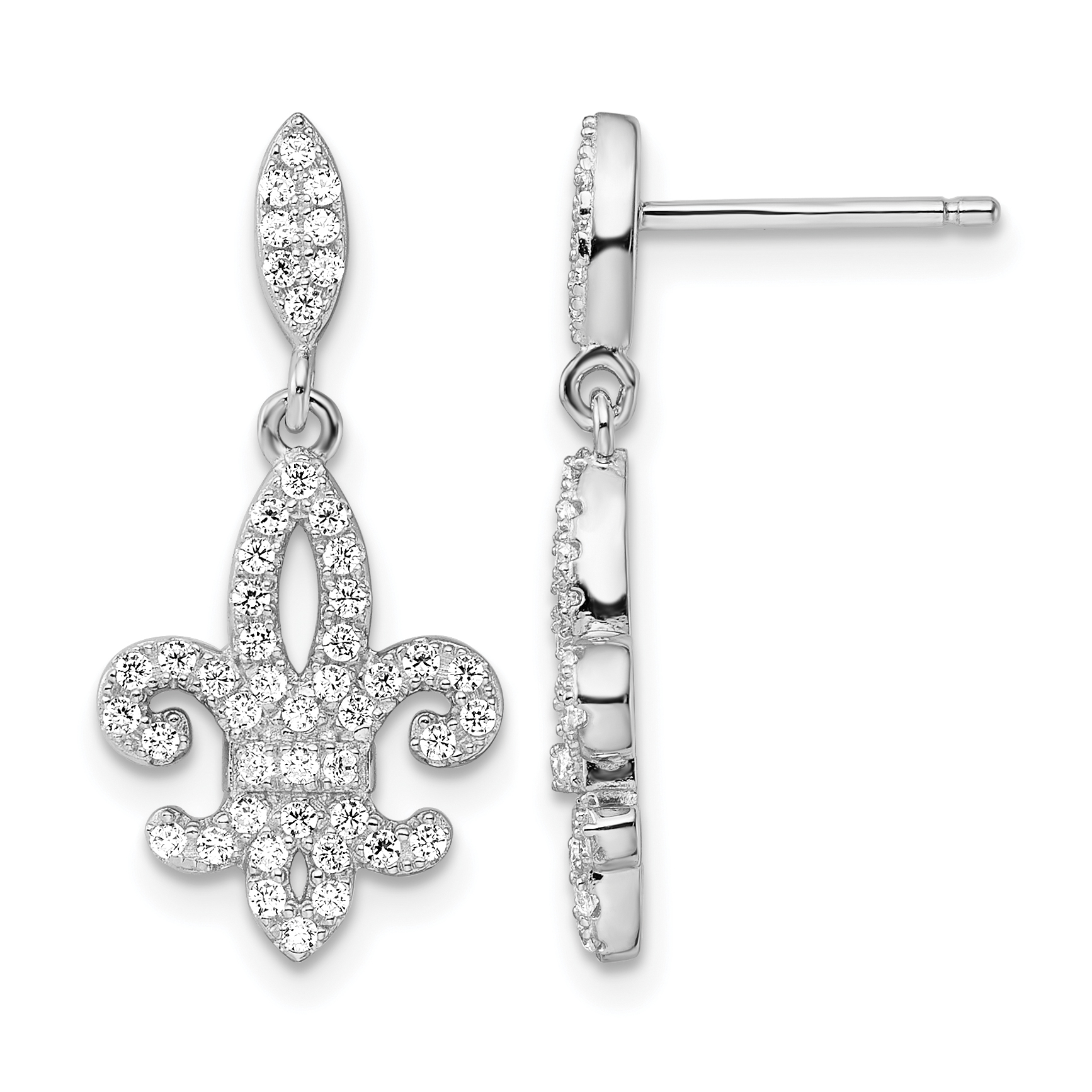 Brilliant Embers Sterling Silver Rhodium-plated 940 Stone Micro Pavé CZ Fleur De Lis Post Dangle Earrings
