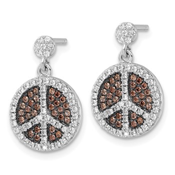 True Fire Sterling Silver Brown & White CZ  Peace Sign Dangle Earrings — alternate view