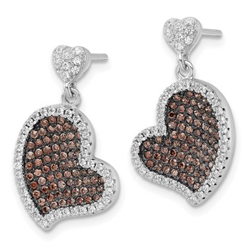 True Fire Sterling Silver Brown & White CZ Heart Dangle Post Earrings — alternate view
